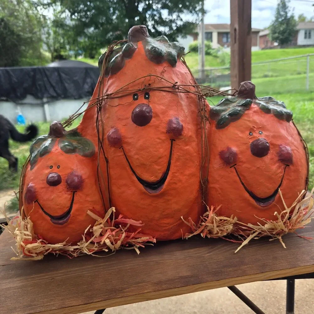 Paper Mache Pumpkin Trio Primitive Folk Art Halloween Fall Decor 18
